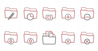 A set of 10 Folder icons as edit folder, data folder, folder code in red line color vector