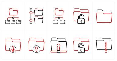 A set of 10 Folder icons as sub folder, folder tree, secured folder in red line color vector