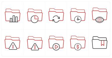 A set of 10 Folder icons as statistics, data folder, folder sync in red line color vector