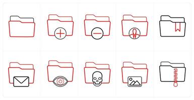 A set of 10 Folder icons as folder, add folder, minus folder in red line color vector