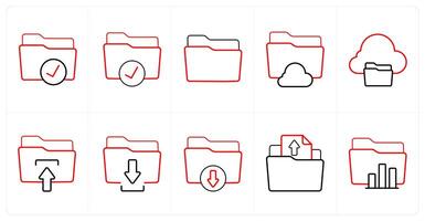 A set of 10 Folder icons as folder access, access, folder, cloud folder in red line color vector