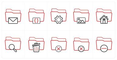 A set of 10 Folder icons as email folder, folder code, folder settings in red line color vector