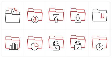A set of 10 Folder icons as document upload, download folder, folder upload in red line color vector