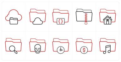 A set of 10 Folder icons as cloud sharing, cloud folder, folder code in red line color vector