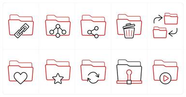 A set of 10 Folder icons as link folder, share folder, trash folder in red line color vector
