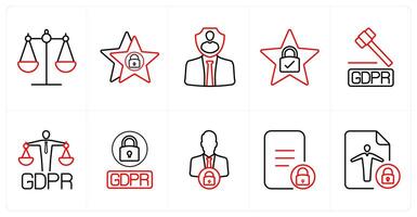 A set of 10 gdpr icons as balance, data protection, officer in red line color vector