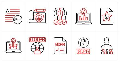 A set of 10 gdpr icons as key data, protected document, accessibility in red line color vector