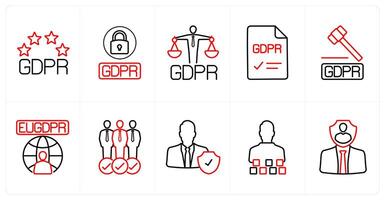 A set of 10 gdpr icons as gdpr, protection, balance in red line color vector