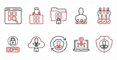 A set of 10 gdpr icons as programming, encryption, accessibility in red line color vector