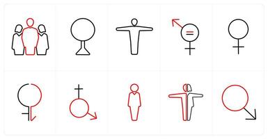 A set of 10 gender icons as pride, bisexual in red line color vector