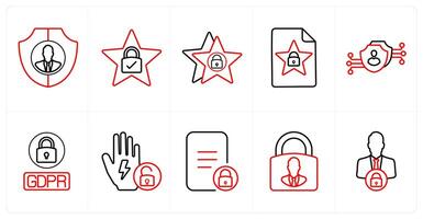A set of 10 gdpr icons as security shield, protection, data protection in red line color vector