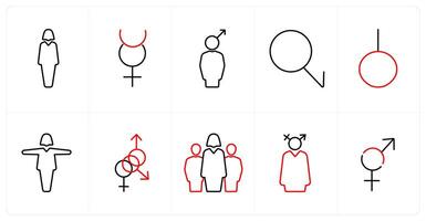 A set of 10 gender icons as Symbol in red line color vector