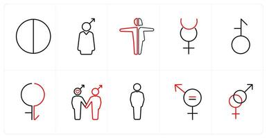 A set of 10 gender icons as bisexual in red line color vector