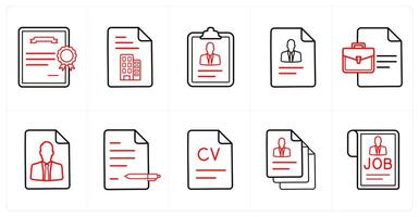 A set of 10 Human Resources icons as joining letter, office document, employee details in red line color vector