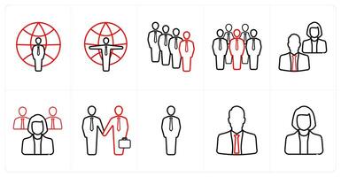 A set of 10 Human Resources icons as global business, team, business people in red line color vector