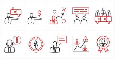 A set of 10 Human Resources icons as strategy, audit, strategy in red line color vector