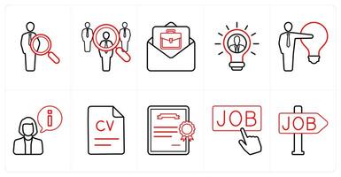 A set of 10 Human Resources icons as search employee, job hunt, job offer in red line color vector