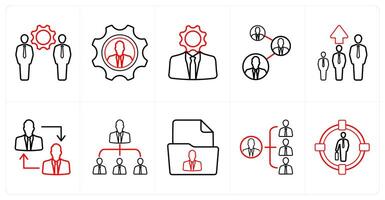 A set of 10 Human Resources icons as management, specialist, business support in red line color vector