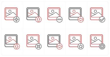 A set of 10 image icons as add image, upload image, remove image in red line color vector