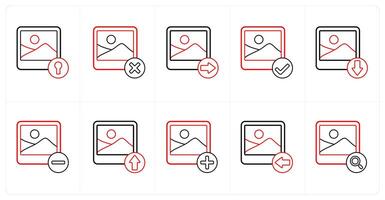 A set of 10 image icons as locked image, delete image, send image in red line color vector