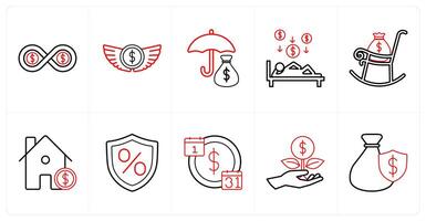 A set of 10 insurance icons as insurance, investment insurance, passive income in red line color vector