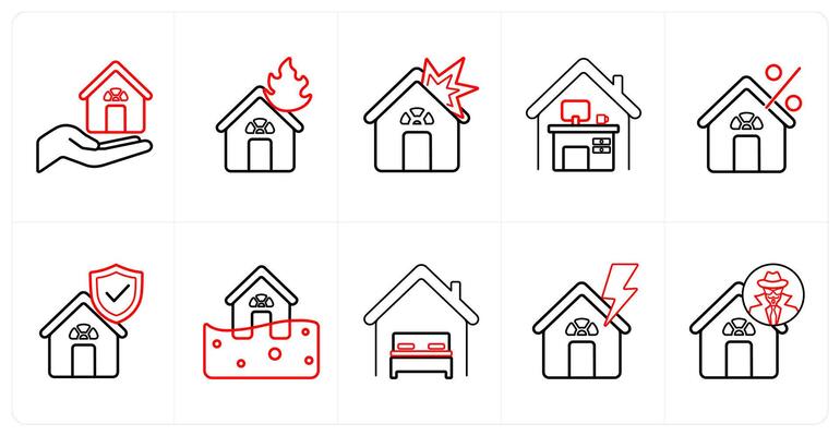 A set of 10 Insurance icons as home insurance, house fire insurance, home explosion in red line color