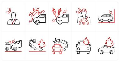A set of 10 Insurance icons as driver insurance, accident injury, accidental animal in red line color vector