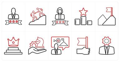 A set of 10 Leadership icons as winner, assistance, champion in red line color vector