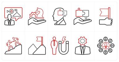 A set of 10 Leadership icons as goal, strategy, solution, management in red line color vector