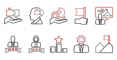 A set of 10 Leadership icons as management, solution, strategy in red line color vector