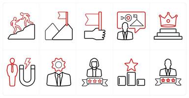 A set of 10 Leadership icons as assistance, vision, flag in red line color vector