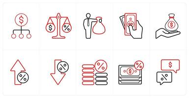 A set of 10 Loan and Debt icons as refinance, debt, currency in red line color vector