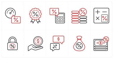 A set of 10 Loan and Debt icons as rating, interest rate, calculator in red line color vector