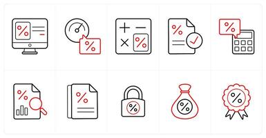 A set of 10 Loan and Debt icons as loan application, rating, calculator in red line color vector