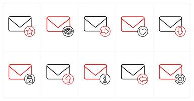 A set of 10 mail icons as star mail, view mail, send mail in red line color vector