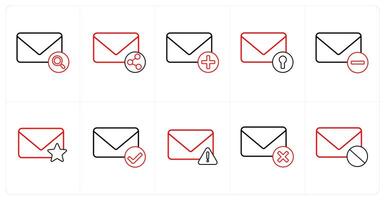 A set of 10 mail icons as search message, share mail, add message in red line color vector