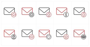 A set of 10 mail icons as received mail, mail setting, send mail in red line color vector