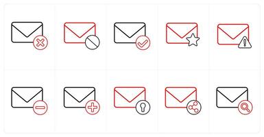 A set of 10 mail icons as delete message, delete mail, verified message in red line color vector