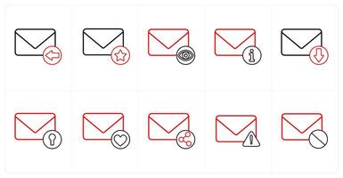 A set of 10 mail icons as received mail, star mail, view mail, mail information in red line color vector