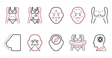 A set of 10 medical icons as plastic surgery, symptom checker, dermatology in red line color vector
