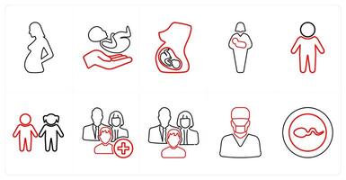 A set of 10 medical icons as pregnancy, postnatal care, obstetrics in red line color vector