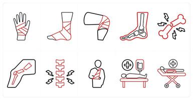 A set of 10 medical icons as hand fracture, leg fracture, knee fracture in red line color vector