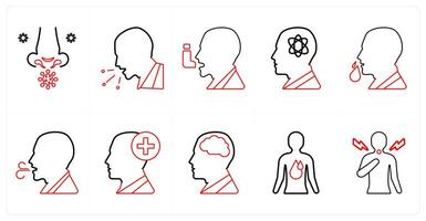 A set of 10 medical icons as allergy, cough, asthma in red line color vector
