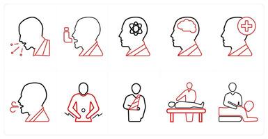 A set of 10 medical icons as cough, asthma, dizziness in red line color vector