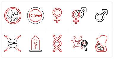 A set of 10 medical icons as bacteria, sperm, female symbol in red line color vector