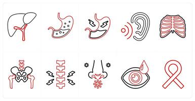 A set of 10 medical icons as hepatology, gastroenterology, stomach pain in red line color vector