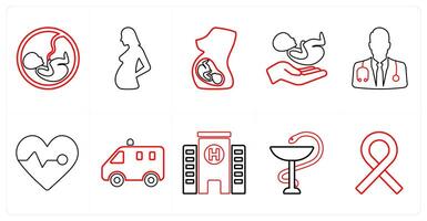 A set of 10 medical icons as fetus, pregnancy, obstetrics in red line color vector