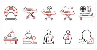 A set of 10 medical icons as computer tomography, stretcher, medical treatment in red line color vector
