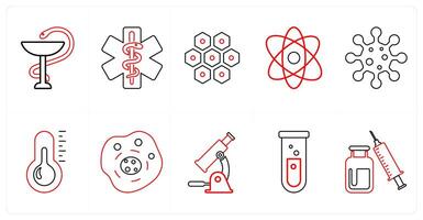 A set of 10 medical icons as pharmacy sign, caduceus, cell, atom in red line color vector