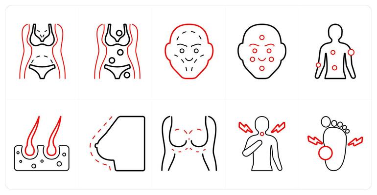 A set of 10 medical icons as plastic surgery, symptom checker, facial plastic surgery in red line color